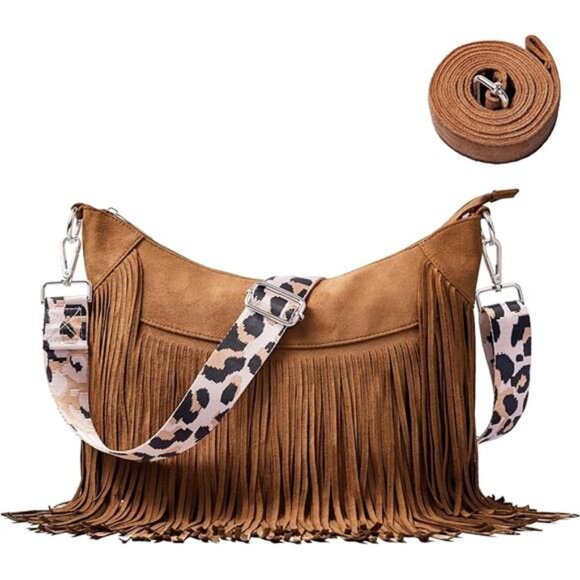 Women Faux Suede Fringed Purse Hobo Bag Tassel Crossbody with Double Long Straps - Picture 7 of 7